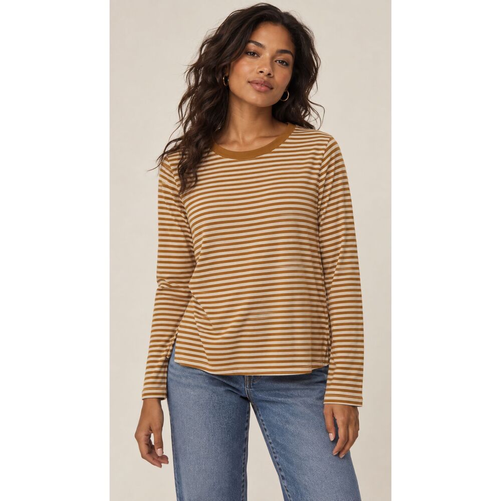 LOFT Mustard Cream Striped Long Sleeve Tee M Boat Neck 100% Cotton